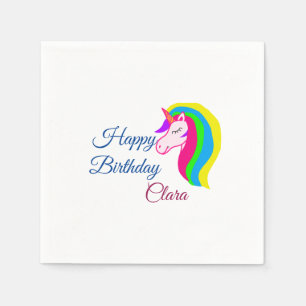 Pink unicorn colourful happy birthday add name tex napkin