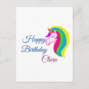 Pink unicorn colourful happy birthday add name tex postcard