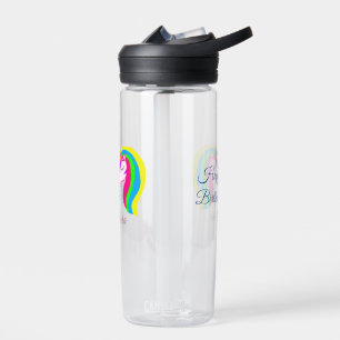 Pink unicorn colourful happy birthday add name tex water bottle