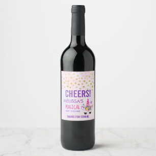 Pink Unicorn Confetti & Flowers Shower Thanks Wine Label