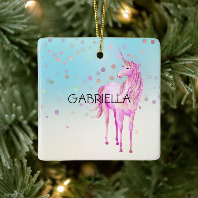 Pink Unicorn Confetti Personalised Name Ceramic Ornament (Tree)