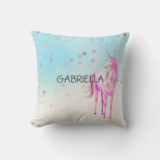 Pink Unicorn Confetti Personalised Name Cushion (Front)