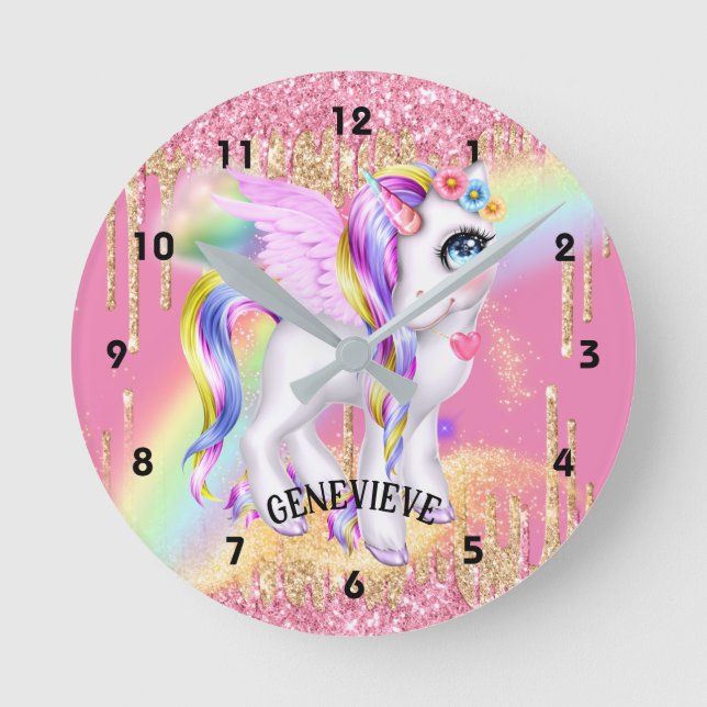 Pink unicorn cute DIY NAME girls birthday Round Clock (Front)