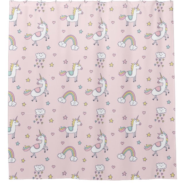 Pink Unicorn Doodle Shower Curtain (Front)