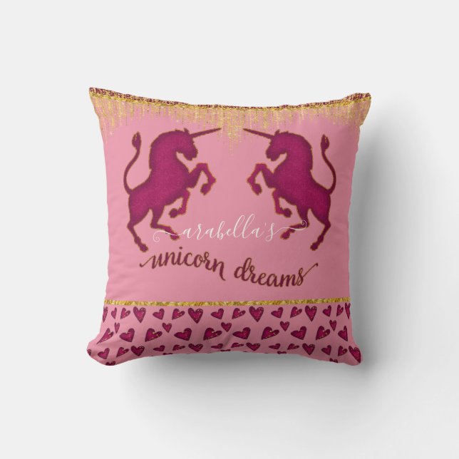 Pink Unicorn Dreams w Hearts Gold Glitter Name Cushion (Front)