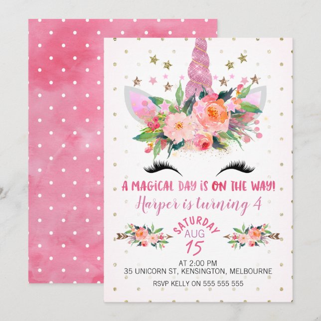 Pink Unicorn Face Floral Birthday Invitation (Front/Back)