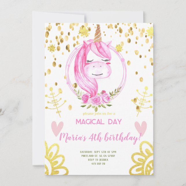 Pink Unicorn face Gold Confetti Girl Birthday Invitation (Front)