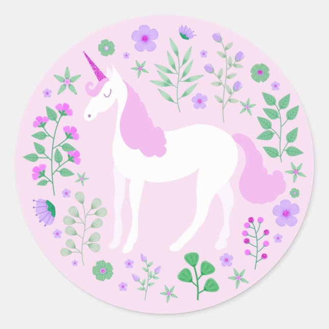 Pink Unicorn Faux Pink Glitter Classic Round Sticker (Front)