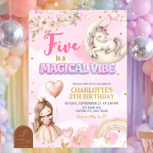 Pink Unicorn Five Is A Magical Vibe Fifth Birthday Invitation