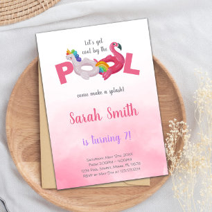 Pink Unicorn Flamingo Pool Birthday Invitations