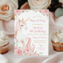 Pink Unicorn Floral Birthday Party Invitation
