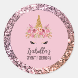 Pink Unicorn Floral Glitter Birthday Party Classic Round Sticker