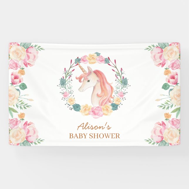 Pink Unicorn Floral Greenery Baby Shower Backdrop Banner (Horizontal)