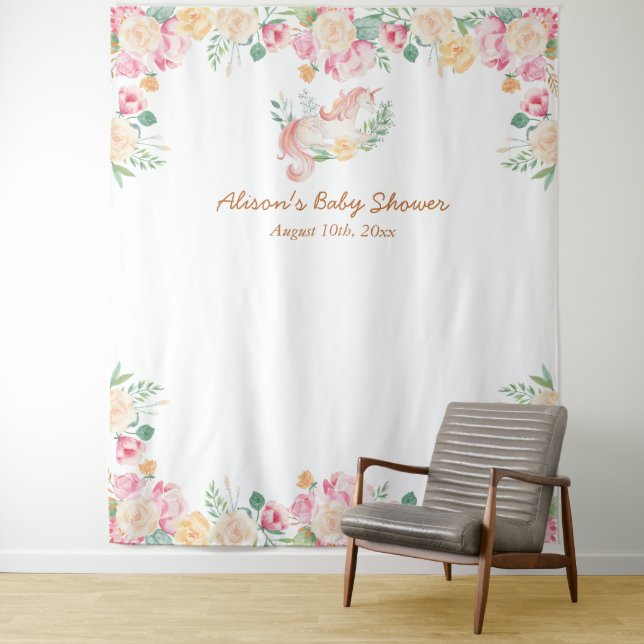 Pink Unicorn Floral Greenery Baby Shower Backdrop Tapestry (In Situ)