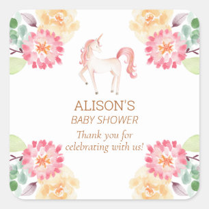 Pink Unicorn Floral Greenery Baby Shower Thank You Square Sticker