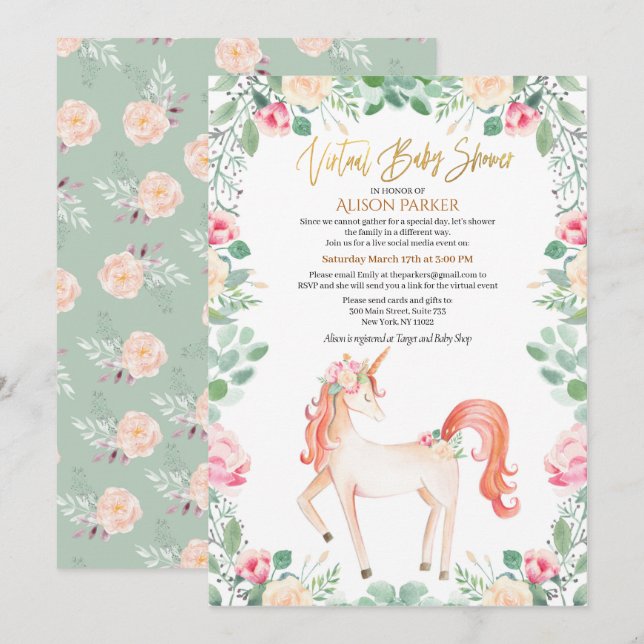 Pink Unicorn Floral Greenery Virtual Baby Shower Invitation (Front/Back)