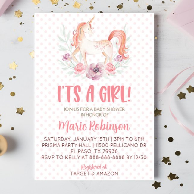 Pink Unicorn Flowers It's A Girl Baby Shower Invitation (Creator Uploaded)