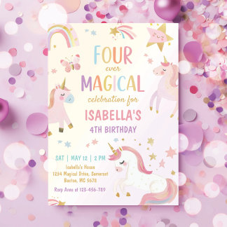 Pink Unicorn Four Ever Magical Birthday Invitation