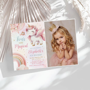 Pink Unicorn Four Ever Magical Birthday Photo Invitation