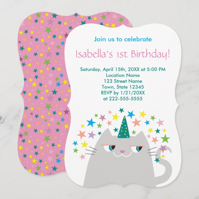 Pink Unicorn Girl 1st Birthday Invitation (Front/Back)