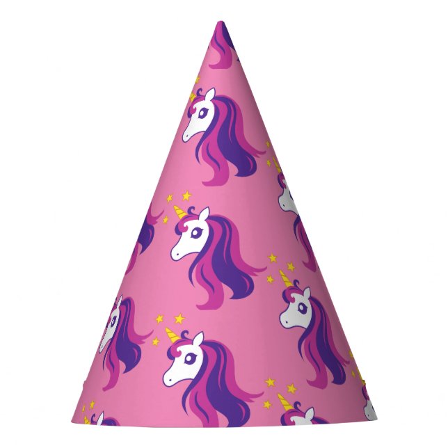 Pink unicorn girl's Birthday party paper cone hats (Front)