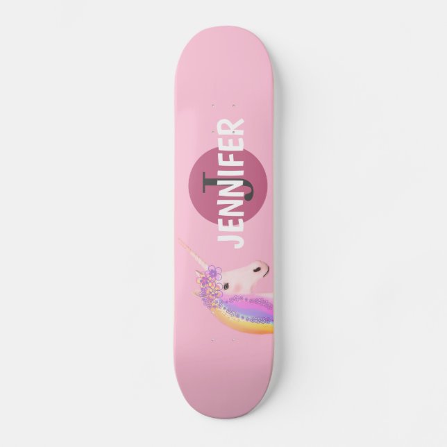 Pink Unicorn Girly Fantasy Monogram Personalised  Skateboard (Front)