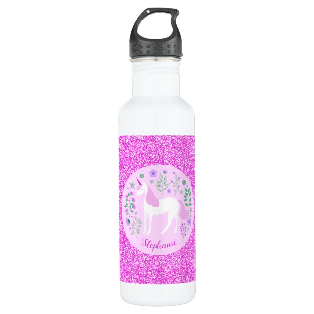 Pink Unicorn Glitter Personalised 710 Ml Water Bottle (Front)