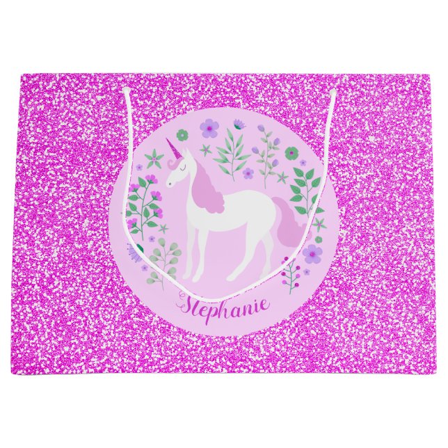 Pink Unicorn Glitter Personalised Large Gift Bag (Front)