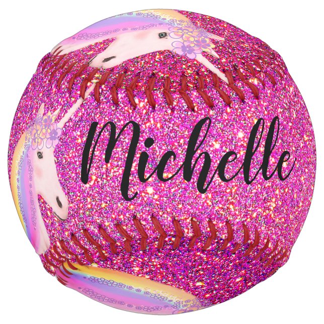Pink Unicorn Glitter Sparkles Girl's Personalised Softball (Back)