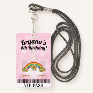 Pink Unicorn Gold Glitter Birthday Party VIP PASS ID Badge