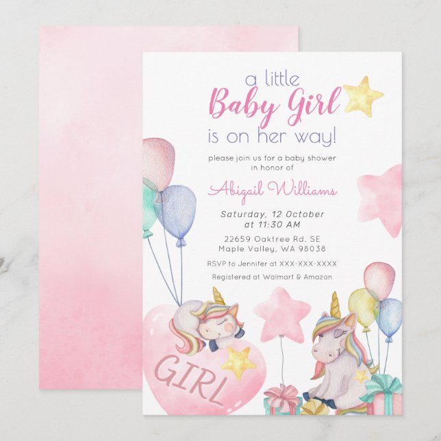 Pink Unicorn, Gold Star, Balloon Girl Baby Shower Invitation (Front/Back)