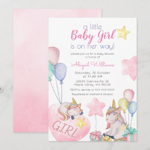 Pink Unicorn, Gold Star, Balloon Girl Baby Shower Invitation