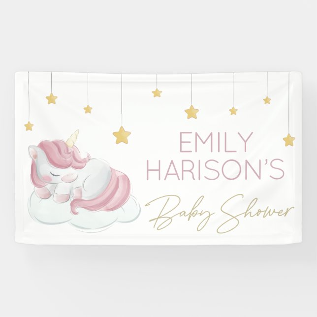 Pink Unicorn Gold Stars Baby Shower Banner (Horizontal)