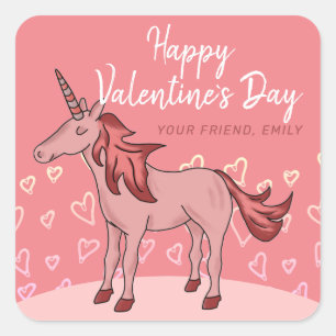 Pink Unicorn Heart Kids Valentine`s day Square Sticker