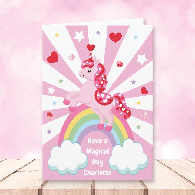 Pink Unicorn Hearts Valentine’s Day for Kids  Holiday Card (Creator Uploaded)