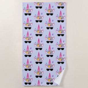 Pink Unicorn in Sunglasses Pattern Beach Towel