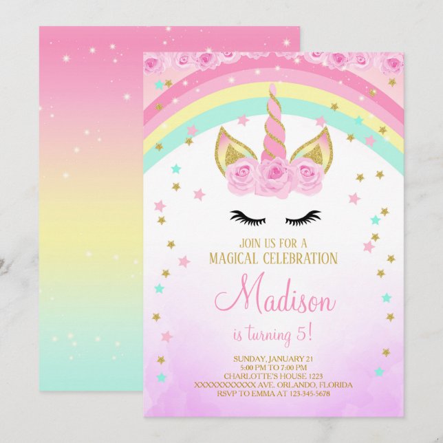 Pink Unicorn Invite With Golden Stars (Front/Back)