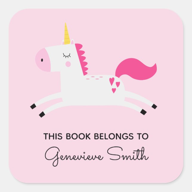 Pink Unicorn Kids Bookplates Square Sticker (Front)