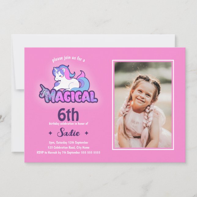 Pink Unicorn Magical Any Age 6th Birthday Photo Invitation (Front)