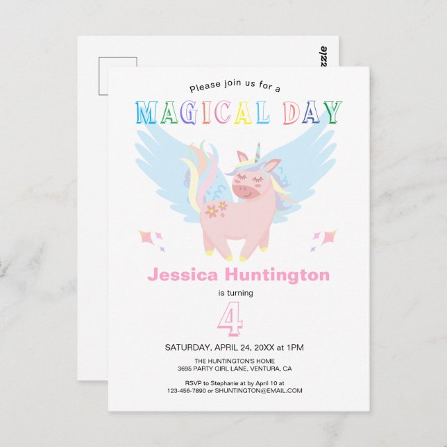 Pink Unicorn Magical Day Birthday Party Invitation Postcard (Front/Back)