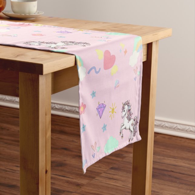 Pink unicorn magical princess  girly birthday kids short table runner (In Situ)