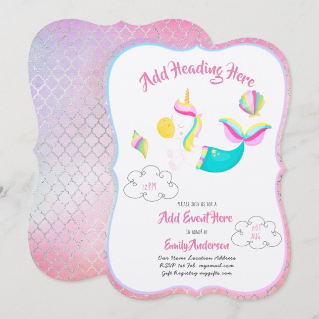 Pink UNICORN MERMAID Invitations Metallic Card (Front/Back)
