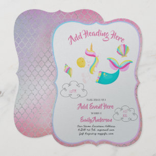 Pink UNICORN MERMAID Invitations Metallic Card