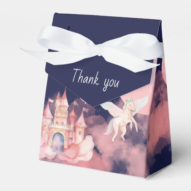 Pink unicorn night castle birthday party  favour box (Front Side)