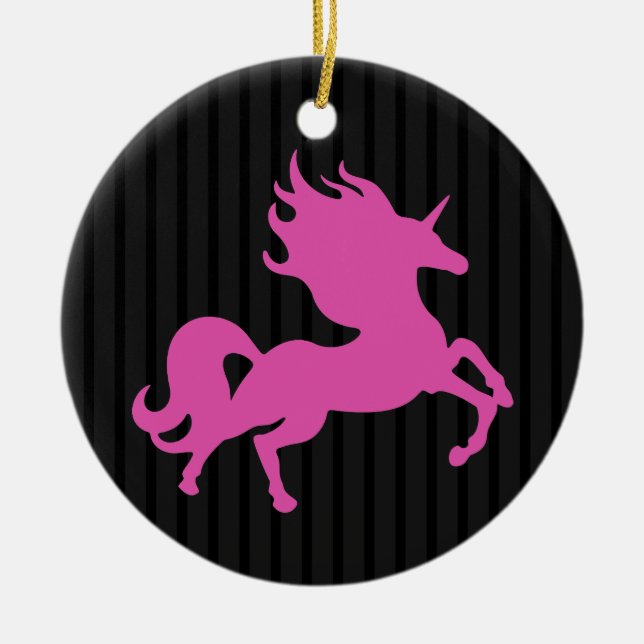 Pink Unicorn on Black Background Ceramic Tree Decoration (Front)