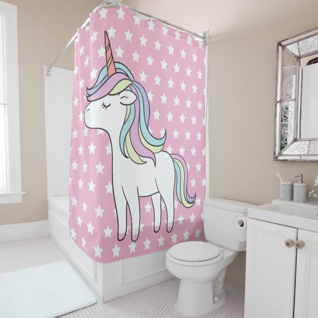 Pink Unicorn on Stars Shower Curtain (In Situ)