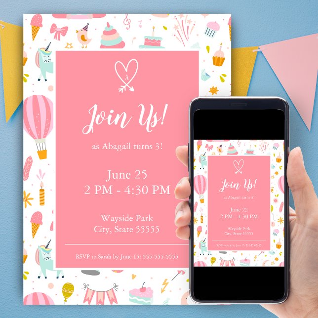Pink Unicorn Party Pattern Girl Kid Birthday Invitation (Creator Uploaded)