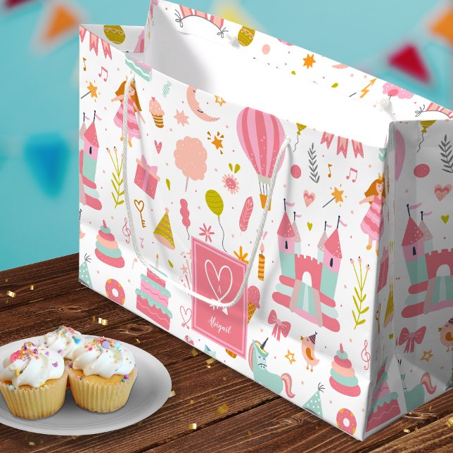 Pink Unicorn Party Pattern Monogrammed Girl Kids Large Gift Bag (Creator Uploaded)