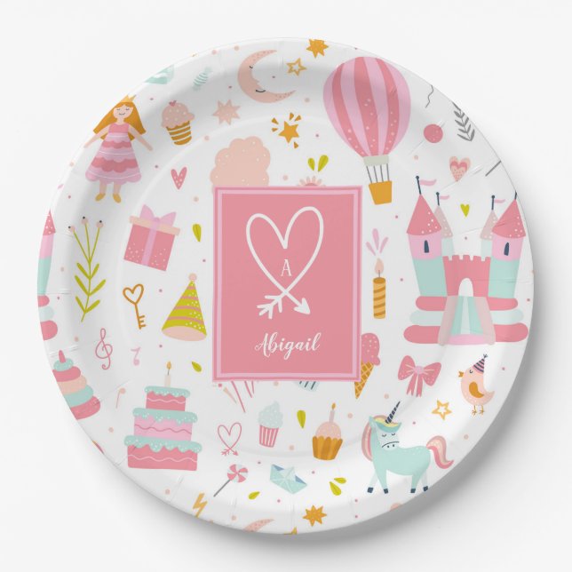 Pink Unicorn Party Pattern Monogrammed Girl Kids Paper Plate (Front)