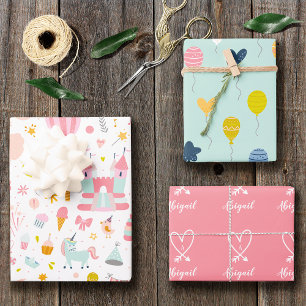 Pink Unicorn Party Pattern Monogrammed Girl Kids Wrapping Paper Sheet